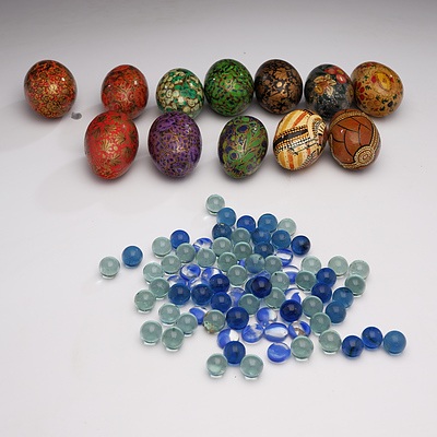 A Collection of Decorated Eggs Including Indigenous Australian and Burmese Lacquer and 400gm approx Marbles