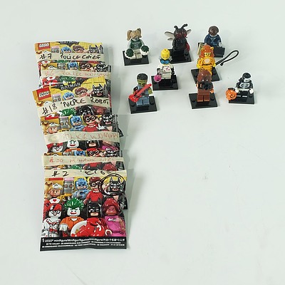 Six Lego Minifigures from the Batman Series and Eight Minifigures from Series 14