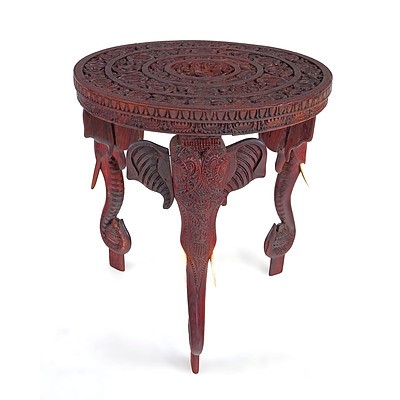 Vintage Burmese Carved Teak Table with Elephant Form Supports