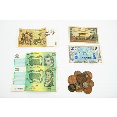 Two Johnston/Fraser $2 Notes, One Phillips/ Wheeler $1, Two Chinese Notes and Various Pennies, Half Pennies, Shillings and Six Pence