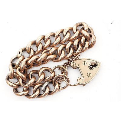 9ct Rose Gold Hollow Curb Link Bracelet with Heart Lock, 11.8g