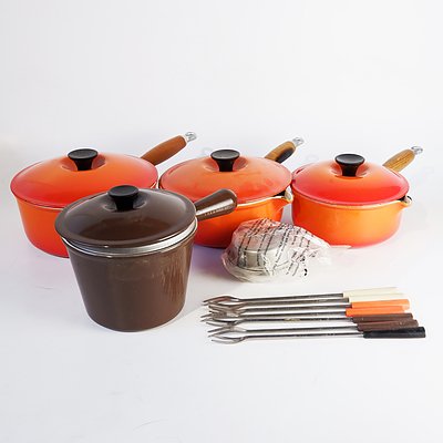Four French Le Crueset Saucep and with Lids and Seven Fondue Forks