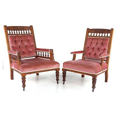 Two Edwardian Pink Velvet Upholstered Armchairs