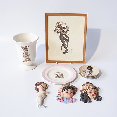 Various Brownie Downing Items, Including Three Pin Dishes, An Offset Print, Side Plate, Vase and Three Wall Plaques