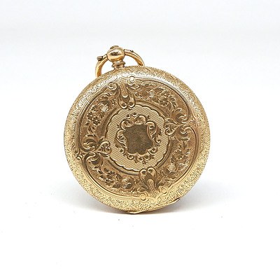 Antique European 18ct Yellow Gold Ladies Open Hunter Pocketwatch with Gold Engraved Dial