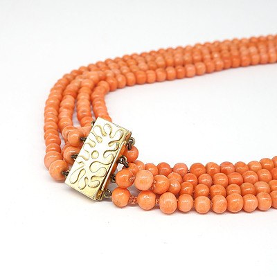 Orange Natural Coral Beaded Necklace with 18ct Yellow Gold Box Clasp