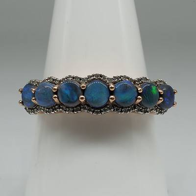 9ct Rose Gold Ring with Solid Black Solid Opals and Diamonds