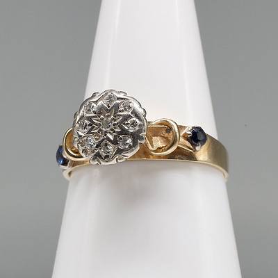 9ct Yellow and White Gold Diamond Cluster and Sapphire Ring