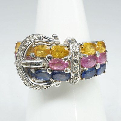 18ct White Gold 'Belt Buckle' Ring with Yellow Topaz, Pink Sapphires, Natural Sapphires and Diamonds