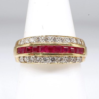 18ct Yellow Gold Ring with Eleven Carre Cut Rubies and Twenty Round Brilliant Cut Diamonds