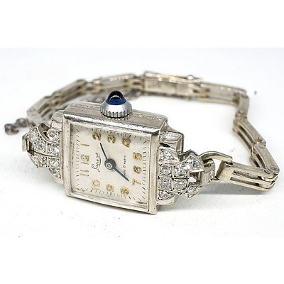 Ladies Art Deco 9ct White Gold, Diamond and Sapphire Lunesa Wristwatch