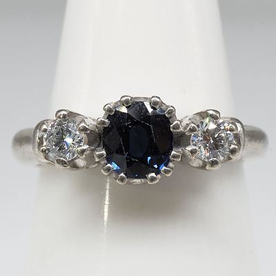 18ct White Gold Ring with Natural Sapphire and Two Round Brilliant Cut Diamonds