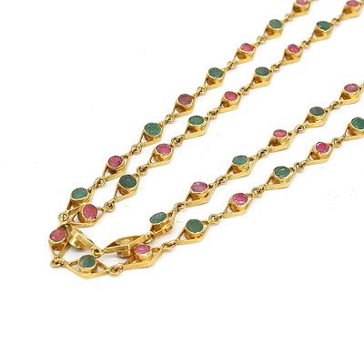 18ct Yellow Gold Necklace with Alternating Natural Semi Opaque Ruby and Emerald