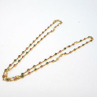 18ct Yellow Gold Necklace with Alternating Natural Semi Opaque Ruby and Emerald