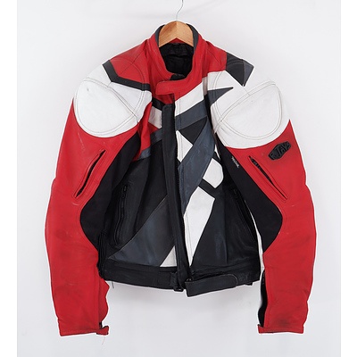 A Black, Red and White Leather Motorcycle Jacket by J Rays