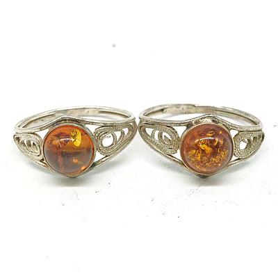 Two Sterling Silver Filigree Rings with Amber