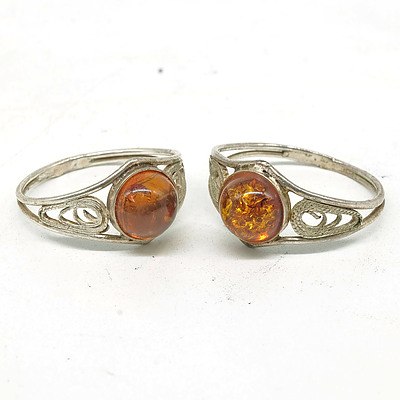 Two Sterling Silver Filigree Rings with Amber
