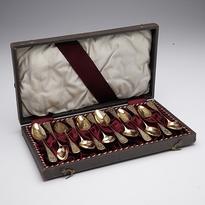Boxed German Silver Bright Cut Coffee Spoons Set Dated 1882, Boxed