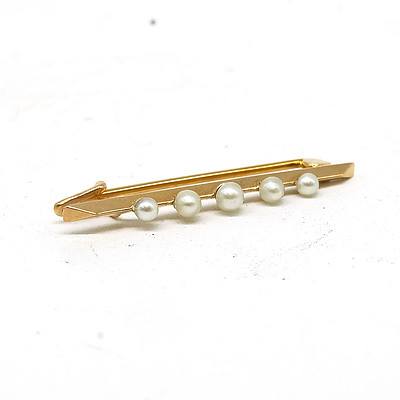 German 14ct Yellow Gold Baby Bar Brooch with Five Seed Pearls, With Original Martin Meyer Box
