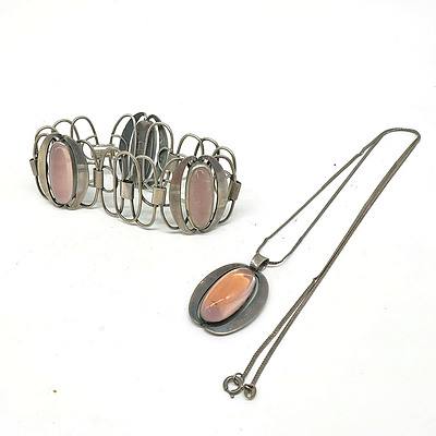Modernist German Late 1960s 925 Silver and Rose Quartz Bracelet, Plus Another 925 Silver Pendant and Chain