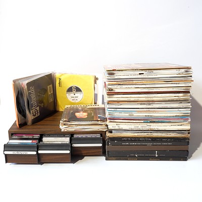Quantity of Approximately 90  Vinyl Singles, LPs Records and Cassette Tapes in Drawers