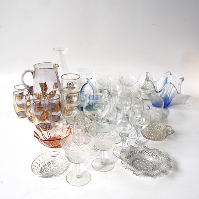 Quantity of Approximately 25 Crystal, Cut Glass and Glass Including Bohemia Glass Pitcher, Six Matching Glasses and More