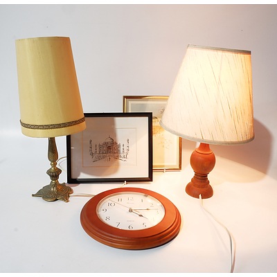 Two Offset Prints, One Wall Clock by Derwent, One Wood Base Lamp and One Brass Base Lamp