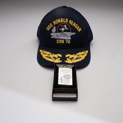 Commanding Officers Bridge Cap from the USS Ronald Reagan and a Zippo Lighter with the Ships Crest