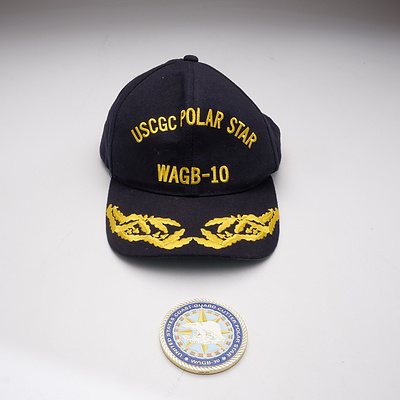 Commanding Officers Bridge Cap from the Polar Star (WAGB10) and a Commanding Officers Ships Coin