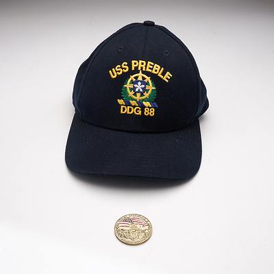 Crew Uniform Cap and Ships Coin from the USS Preble
