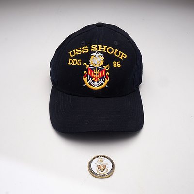 Crew Uniform Cap and Ships Coin from the USS Shoup