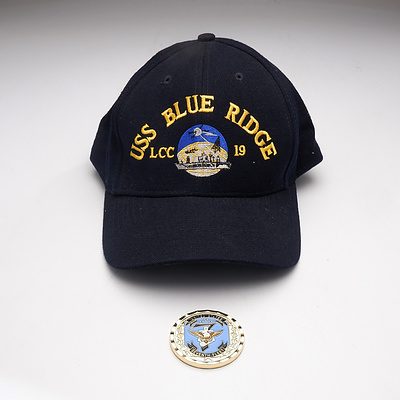 Crew Uniform Cap and Ships Coin from the USS Blue Ridge