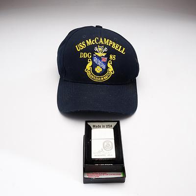 Crew Uniform Cap from the USS McCampbell and a Zippo Lighter with the Ships Crest