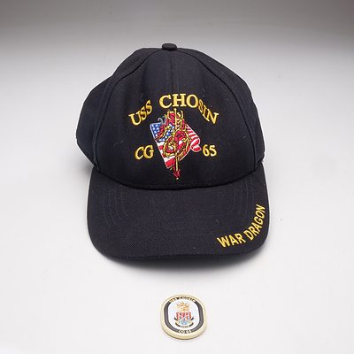 Crew Uniform Cap and Ships Coin from the USS Chosin