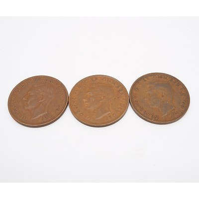 Two 1951 Australian Pennies and One 1949 Australian Penny