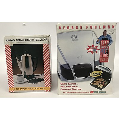 George Foreman Grilling Machine, Supreme Coffee Percolator and Vintage Home Electricals