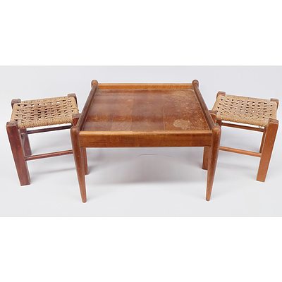 Retro Teak Table with Cigar Legs and Two Woven Stools