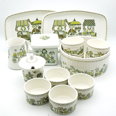 Group of Retro Norwegian Figgio Market Patterned Ceramic Serving Ware
