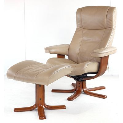IMG Norway Beige Leather Upholstered Armchair and Footstool