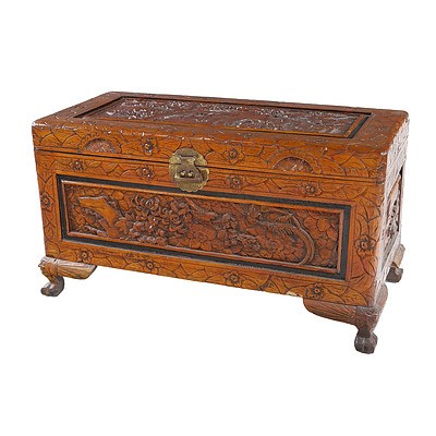 Chinese Camphorwood Chest with Carved Pheasant and Peony