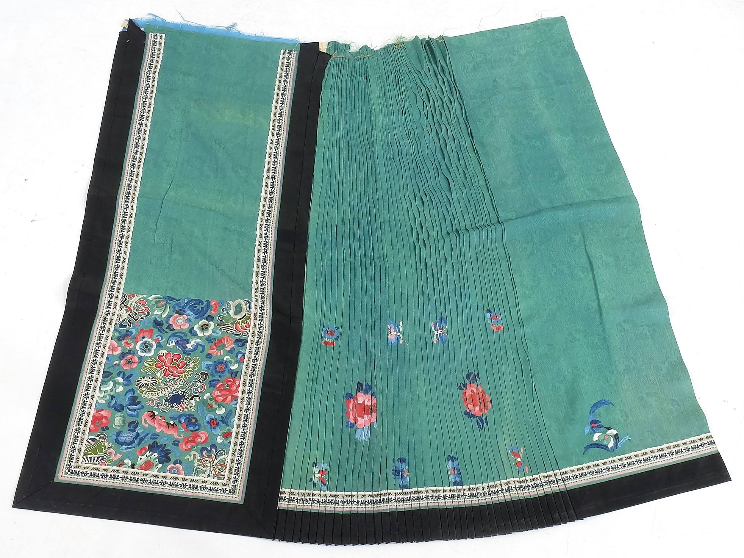 'Chinese Embroidered Teal Colour Damask Silk Skirt Fragment, Late 19th Century'