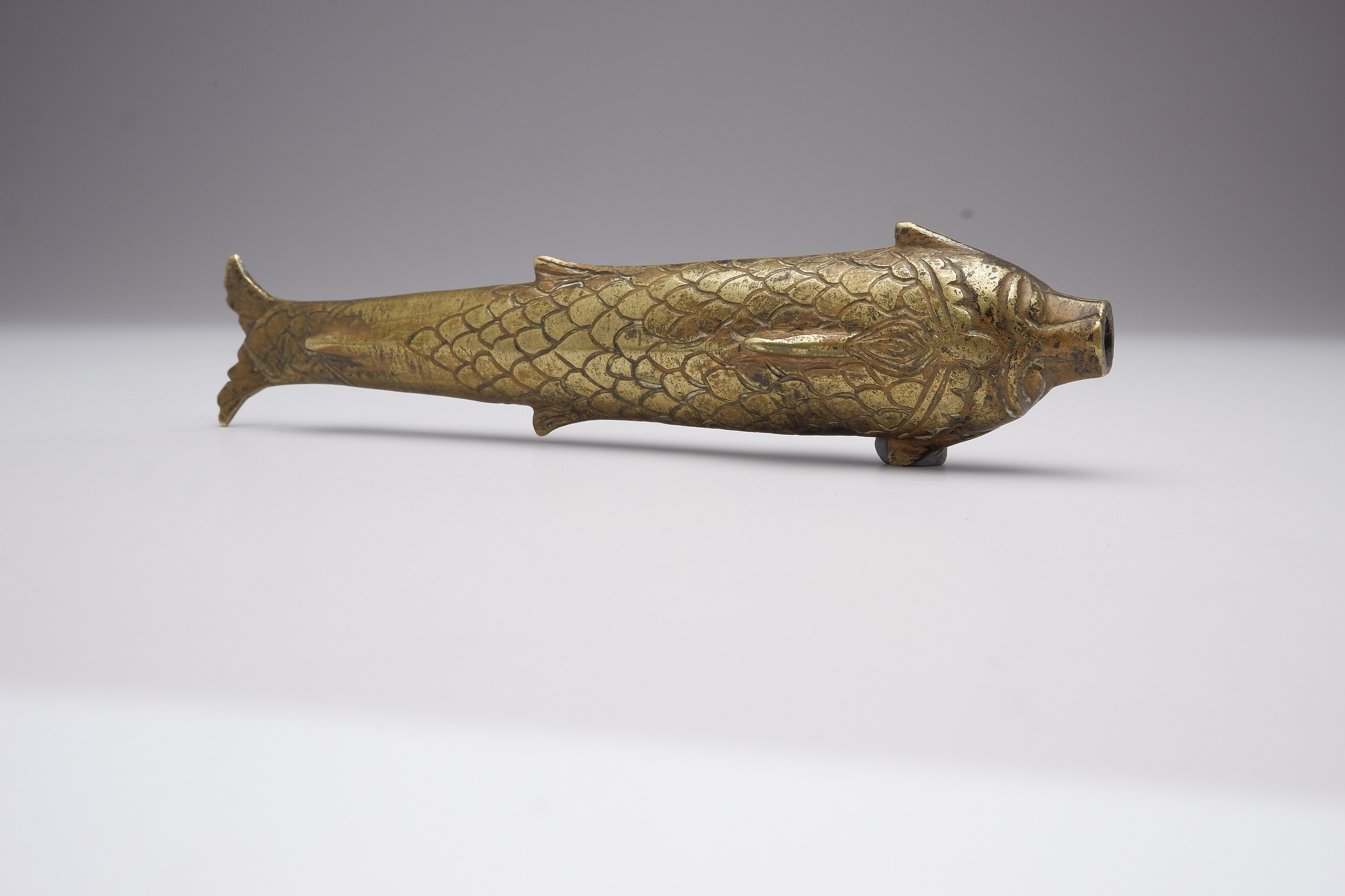 'Indian Mughal Brass or Bronze Powder Flask in the Form of a Fish 18th/19th Century'