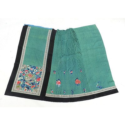 Chinese Embroidered Teal Colour Damask Silk Skirt Fragment, Late 19th Century