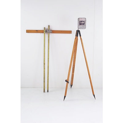 A Cowley Brand Australian Made Automatic Level, Wooden Tripod and Leveling Rod
