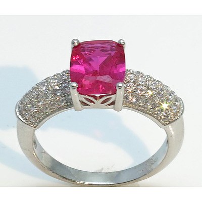 Sterling Silver Ring - Ruby Red Cz, Pave Set Cz Shoulders