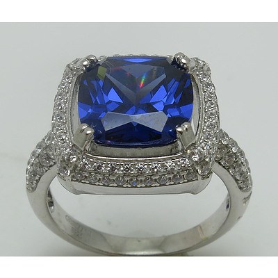 Sterling Silver Ring Tanzanite-Purple Cz With White Czs Set To Double Halo & Shoulders