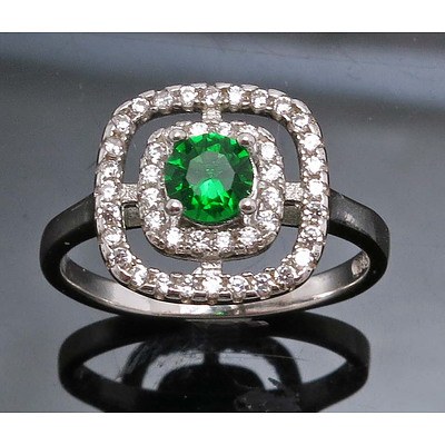 Sterling Silver Ring : Emerald-Green Cz With White Czs Set To Double Halo
