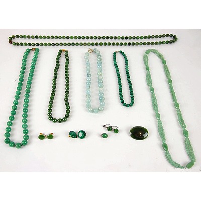 Collection Of Green Gem Jewellery-Necklaces, Earrings, Brooch