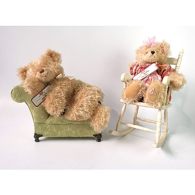 Two 35cm Settler Teddy Bears, Stella and Tayla, a Toy Chaise Lounge and a Toy rocking Chair