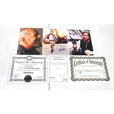A Signed Harrison Ford, Star Wars Era Photograph with Certificate of Authenticity, A Signed Keanu Reeves Photograph with Certificate of Authenticity and a Signed Bruce willis Photograph with Certificate of Authenticity
